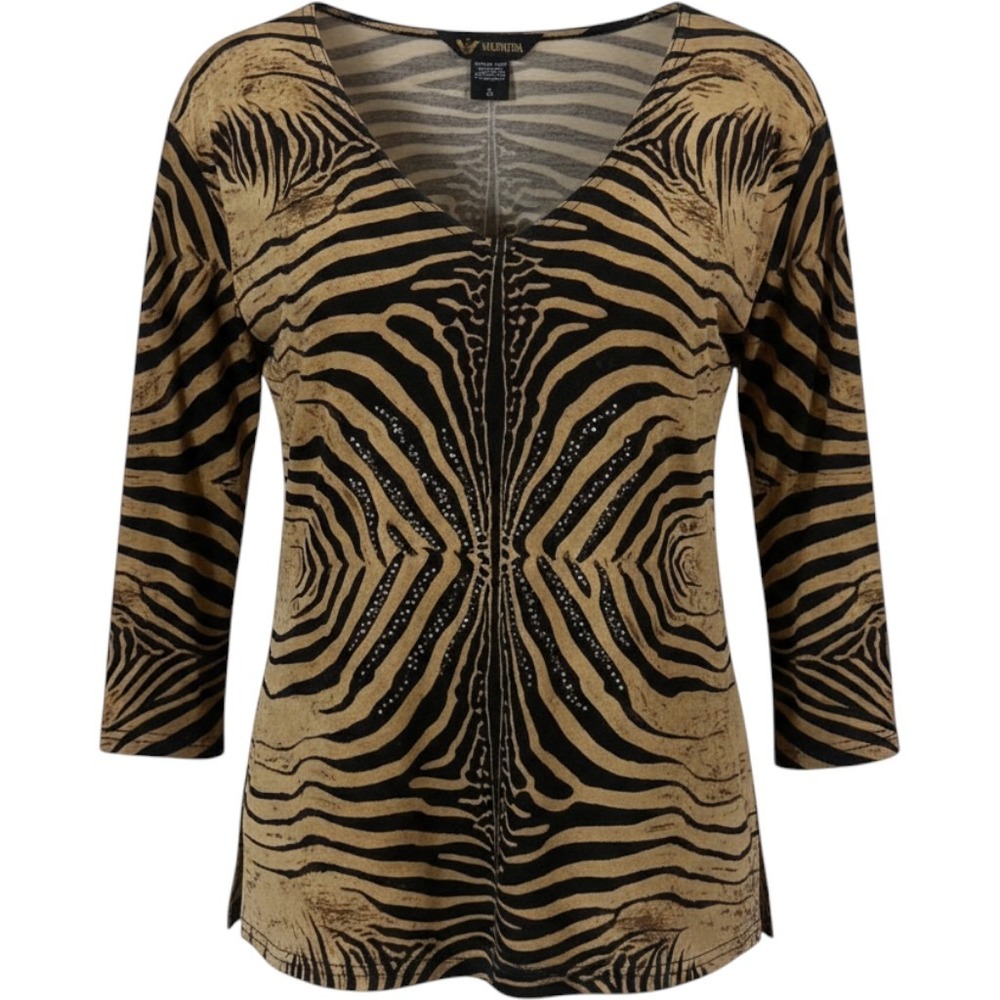 Valentina Zebra Print Top Size M‎ Y2K Rhinestone V-Neck Tan Black 3/4 Sleeve